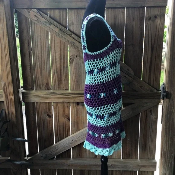 Handmade Crochet Tank Dress Multi Color Blues M - Picture 5 of 6